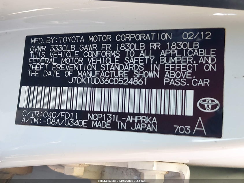 2012 Toyota Yaris Se VIN: JTDKTUD36CD524861 Lot: 44867580