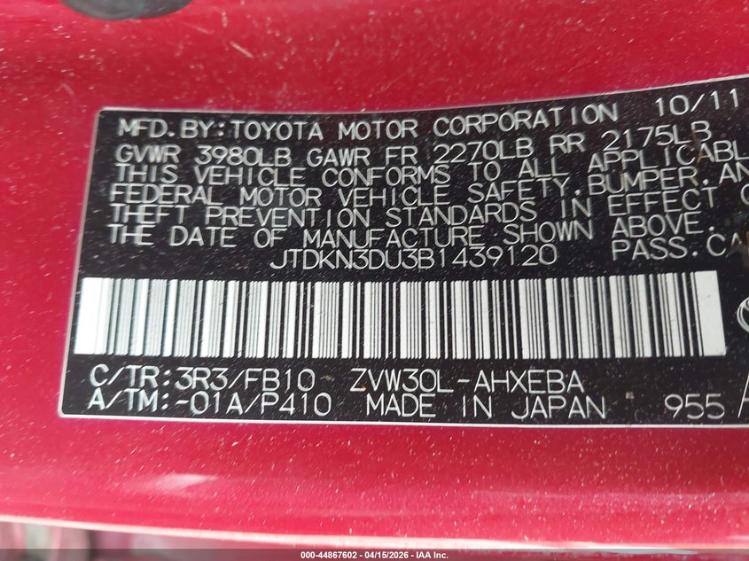 2011 Toyota Prius Three VIN: JTDKN3DU3B1439120 Lot: 44867602
