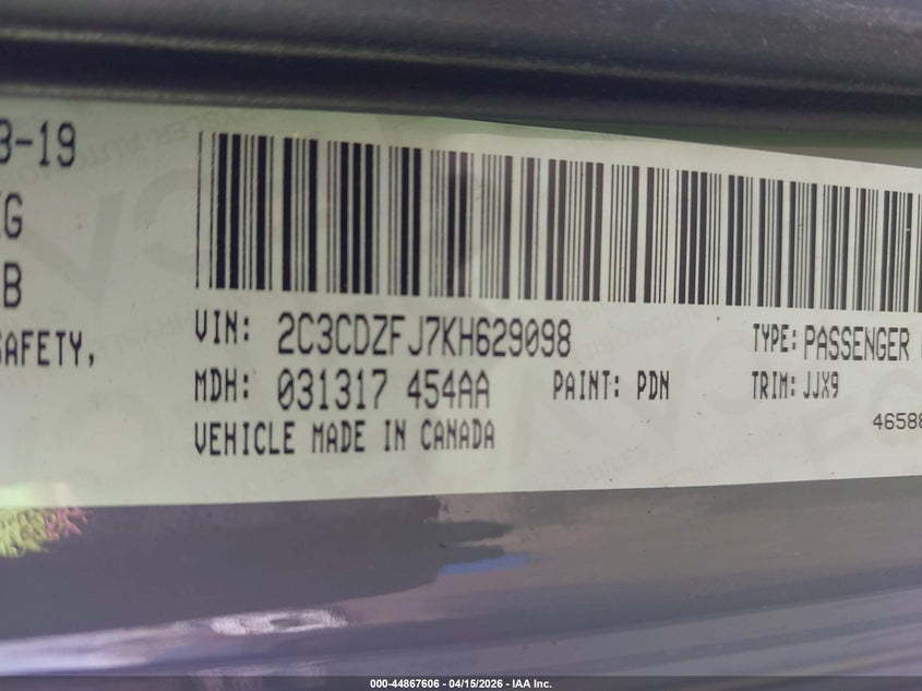 2019 Dodge Challenger R/T Scat Pack VIN: 2C3CDZFJ7KH629098 Lot: 44867606