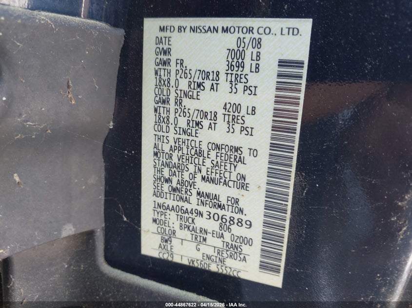 2009 Nissan Titan Xe VIN: 1N6AA06A49N306889 Lot: 44867622