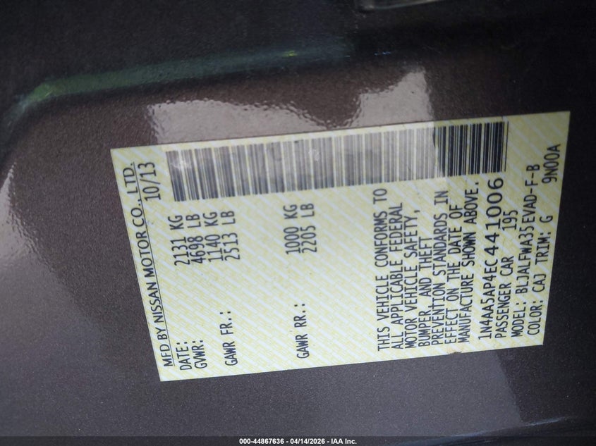 2014 Nissan Maxima 3.5 Sv VIN: 1N4AA5AP4EC441006 Lot: 44867636