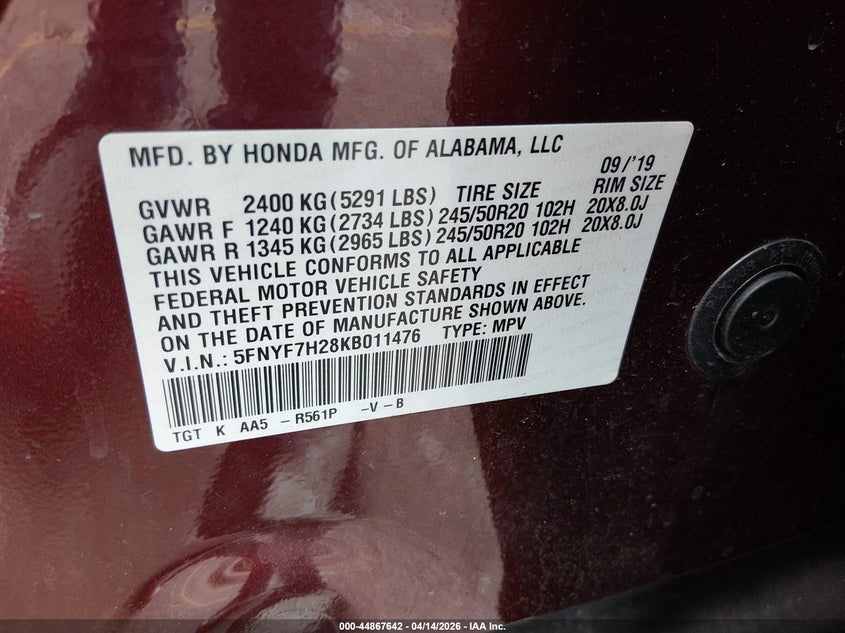 2019 Honda Passport Sport VIN: 5FNYF7H28KB011476 Lot: 44867642