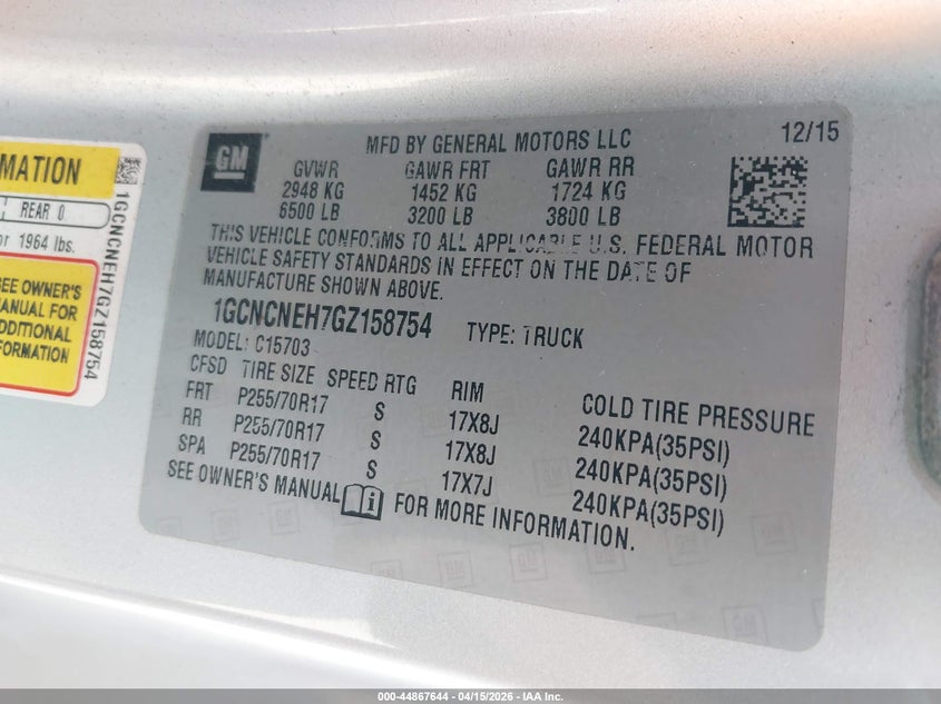 2016 Chevrolet Silverado 1500 Wt VIN: 1GCNCNEH7GZ158754 Lot: 44867644