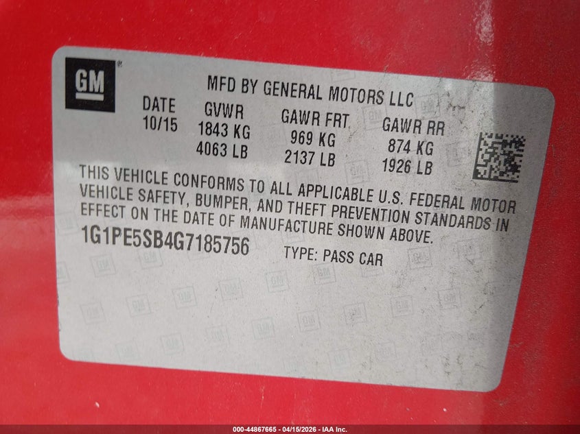2016 Chevrolet Cruze Limited 1Lt Auto VIN: 1G1PE5SB4G7185756 Lot: 44867665