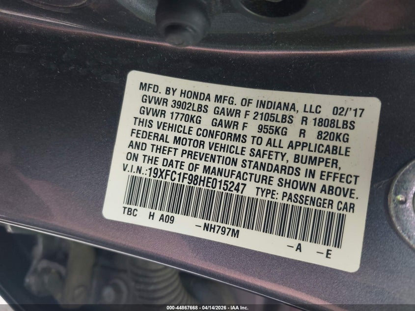 2017 Honda Civic 1.5 Touring grey Lot 111044867668 Vin 19XFC1F98HE015247