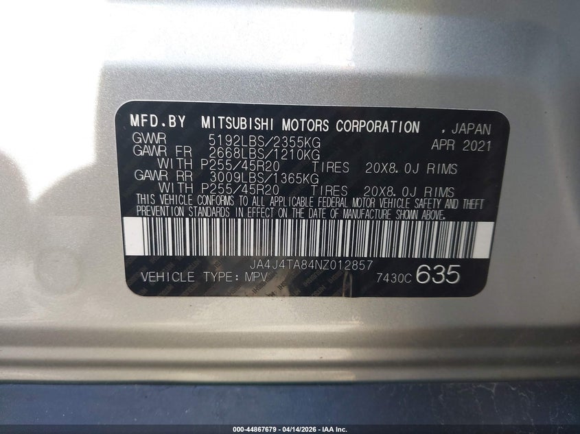2022 Mitsubishi Outlander Es 2.5 S-Awc VIN: JA4J4TA84NZ012857 Lot: 44867679