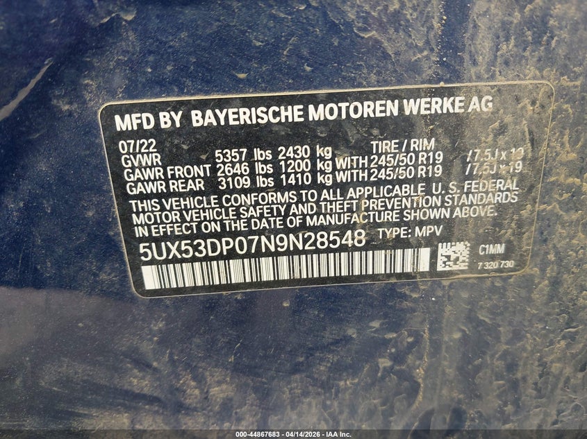 2022 BMW X3 xDrive30I VIN: 5UX53DP07N9N28548 Lot: 44867683