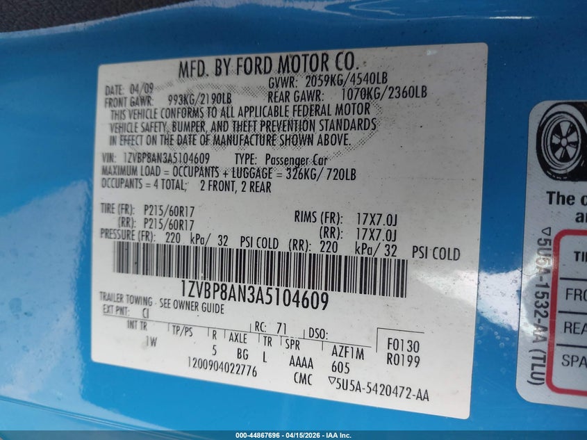 2010 Ford Mustang VIN: 1ZVBP8AN3A5104609 Lot: 44867696