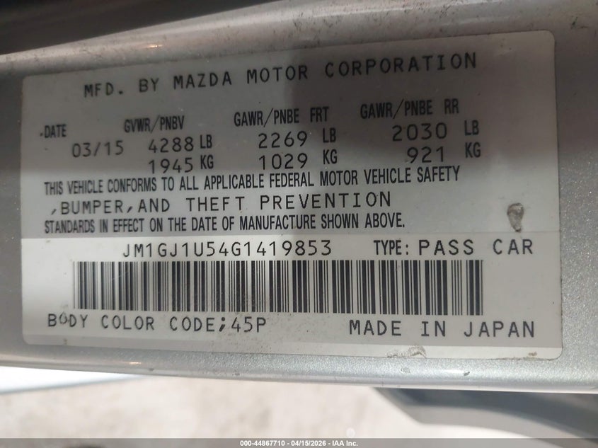 2016 Mazda Mazda6 I Sport VIN: JM1GJ1U54G1419853 Lot: 44867710