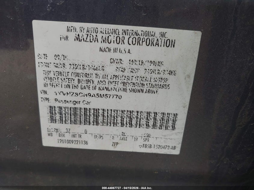 2010 Mazda Mazda6 I Grand Touring VIN: 1YVHZ8CH9A5M57770 Lot: 44867727