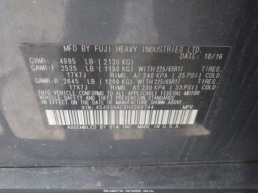 2017 Subaru Outback 2.5I VIN: 4S4BSAAC6H3288744 Lot: 44867736