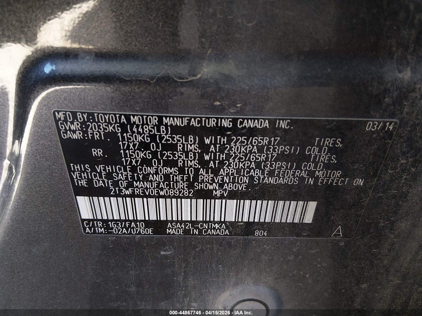 2014 Toyota Rav4 Xle VIN: 2T3WFREV0EW089282 Lot: 44867746