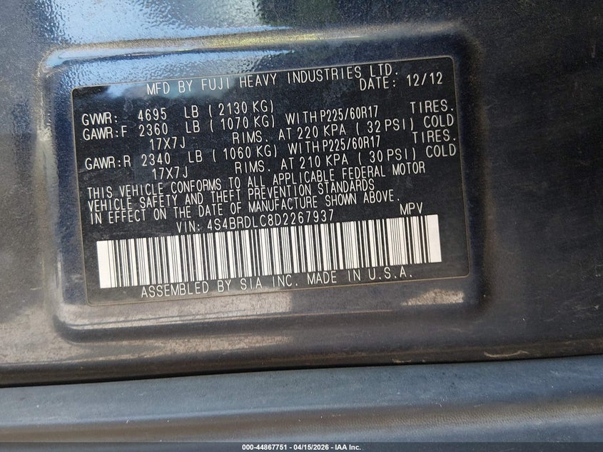 2013 Subaru Outback 3.6R Limited VIN: 4S4BRDLC8D2267937 Lot: 44867751