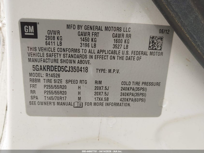 2012 Buick Enclave Premium VIN: 5GAKRDED5CJ350418 Lot: 44867781