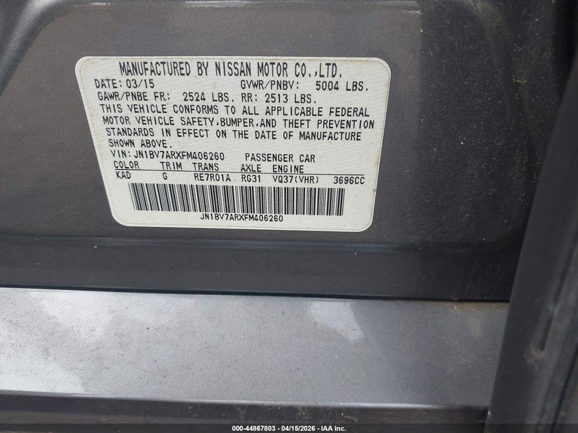 2015 Infiniti Q50 Premium VIN: JN1BV7ARXFM406260 Lot: 44867803