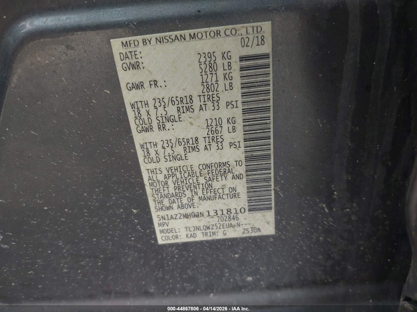 2018 Nissan Murano Sv VIN: 5N1AZ2MH0JN131810 Lot: 44867806