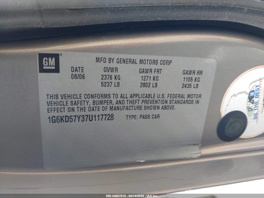2007 Cadillac Dts Luxury Ii VIN: 1G6KD57Y37U117728 Lot: 44867810