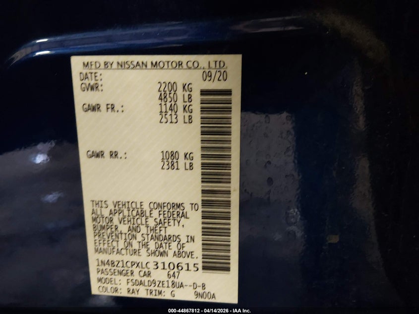 2020 Nissan Leaf Sv Plus 62 Kwh VIN: 1N4BZ1CPXLC310615 Lot: 44867812