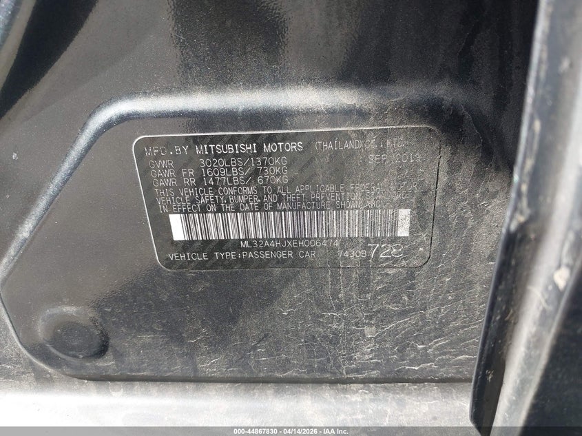 2014 Mitsubishi Mirage Es VIN: ML32A4HJXEH006474 Lot: 44867830