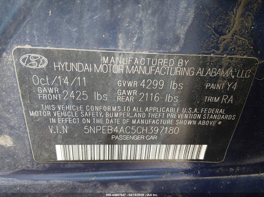2012 Hyundai Sonata Gls VIN: 5NPEB4AC5CH397180 Lot: 44867847