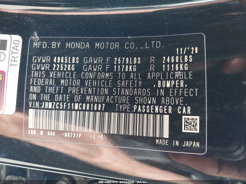 2021 Honda Clarity Plug-In Hybrid VIN: JHMZC5F11MC001687 Lot: 44867873