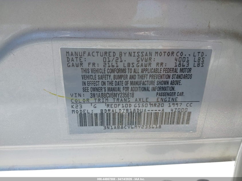 2021 Nissan Sentra Sv Xtronic Cvt VIN: 3N1AB8CV6MY235618 Lot: 44867888