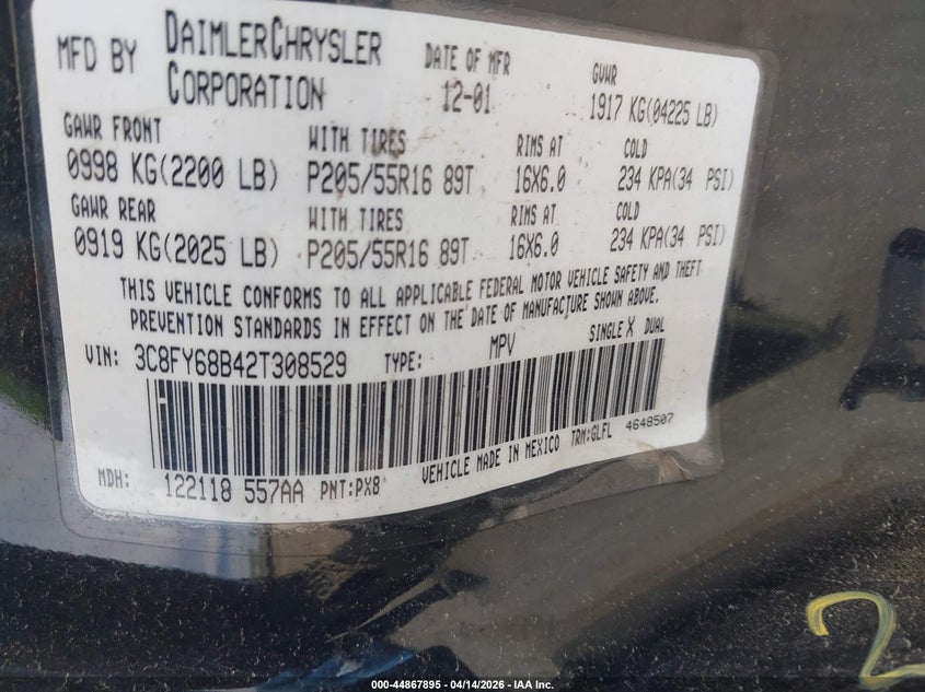 2002 Chrysler Pt Cruiser VIN: 3C4FY48B72T336119 Lot: 44867895