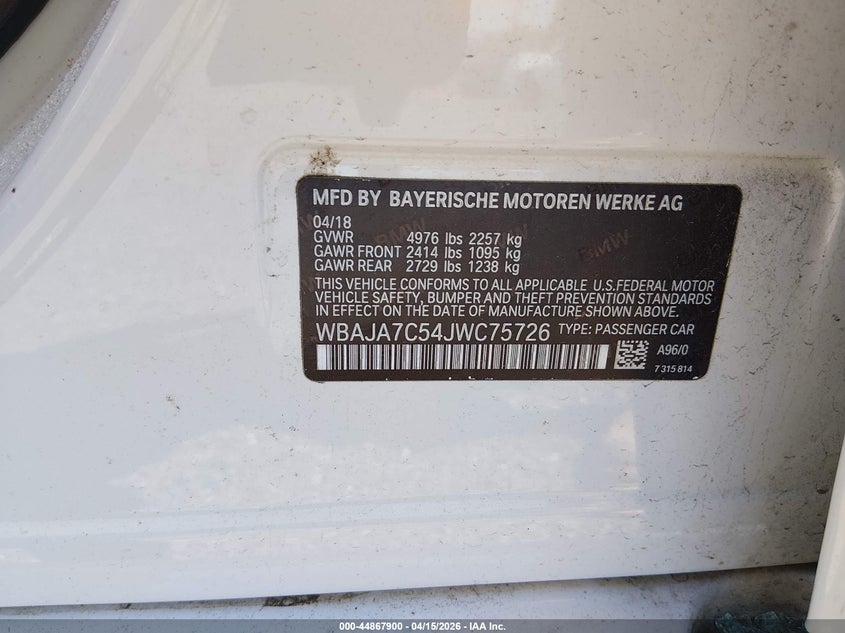 2018 BMW 530I xDrive VIN: WBAJA7C54JWC75726 Lot: 44867900