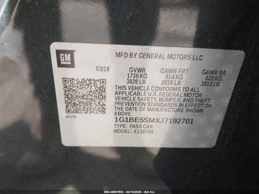 2018 Chevrolet Cruze Lt Auto VIN: 1G1BE5SMXJ7192701 Lot: 44867903