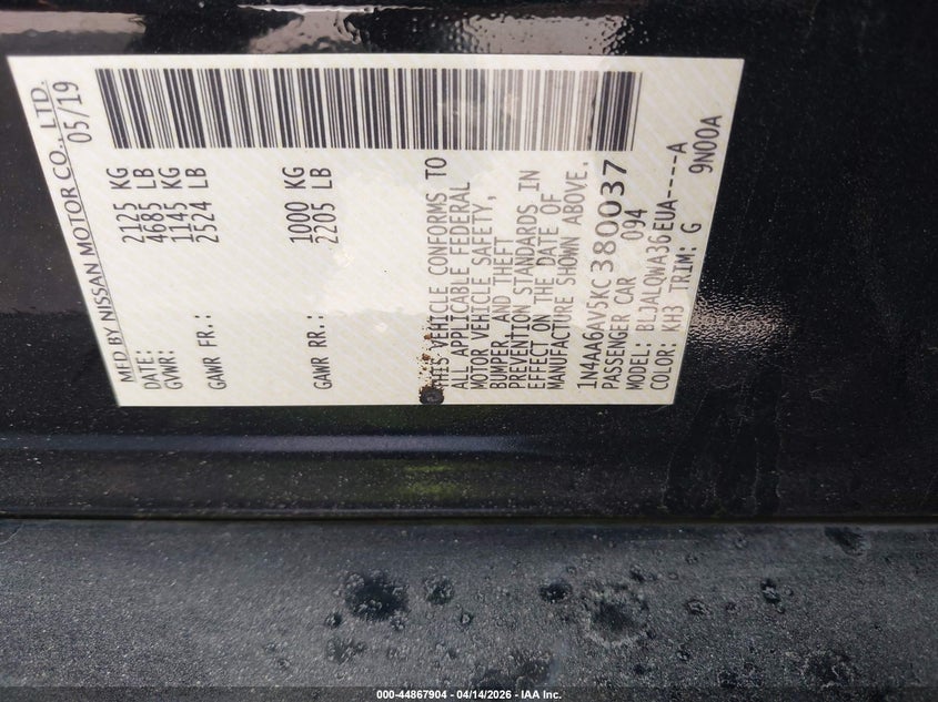 2019 Nissan Maxima 3.5 S VIN: 1N4AA6AV5KC380037 Lot: 44867904