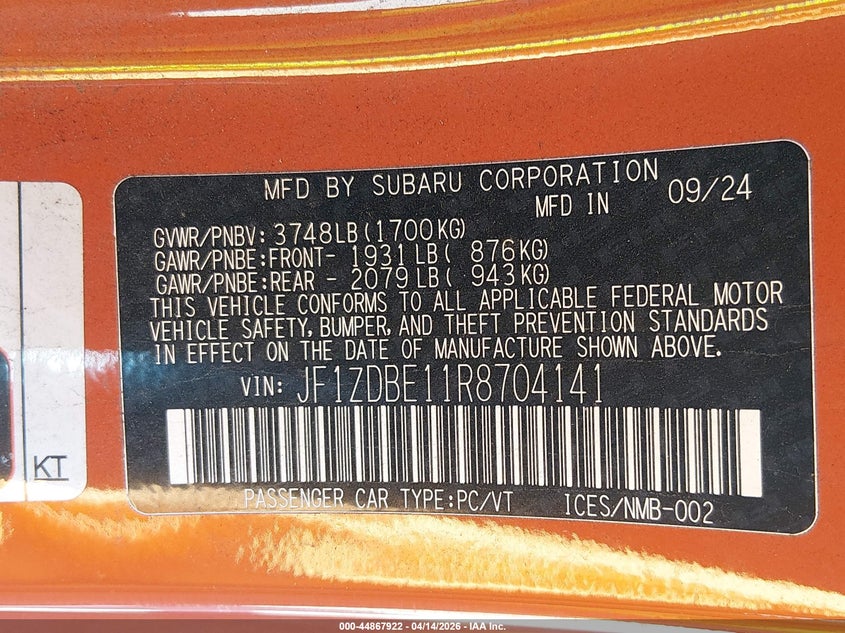 2024 Subaru Brz Limited VIN: JF1ZDBE11R8704141 Lot: 44867922