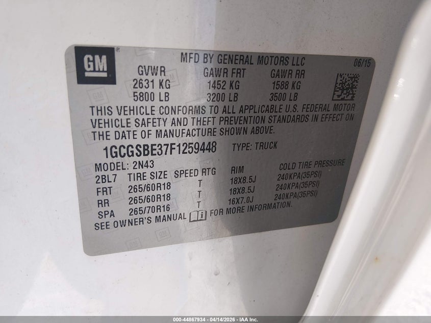 2015 Chevrolet Colorado Lt VIN: 1GCGSBE37F1259448 Lot: 44867934