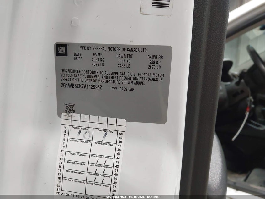 2010 Chevrolet Impala Lt VIN: 2G1WB5EK7A1129962 Lot: 44867933