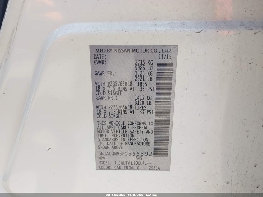 2015 Infiniti Qx60 VIN: 5N1AL0MM5FC555392 Lot: 44867935