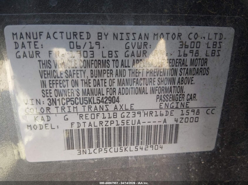 2019 Nissan Kicks S VIN: 3N1CP5CU5KL542904 Lot: 44867951