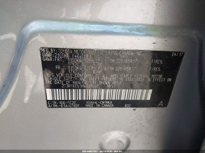 2017 Toyota Rav4 Xle VIN: 2T3RFREV1HW639560 Lot: 44867957