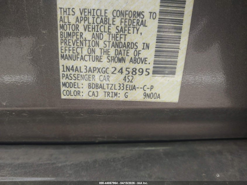 2016 Nissan Altima 2.5 Sl VIN: 1N4AL3APXGC245895 Lot: 44867964