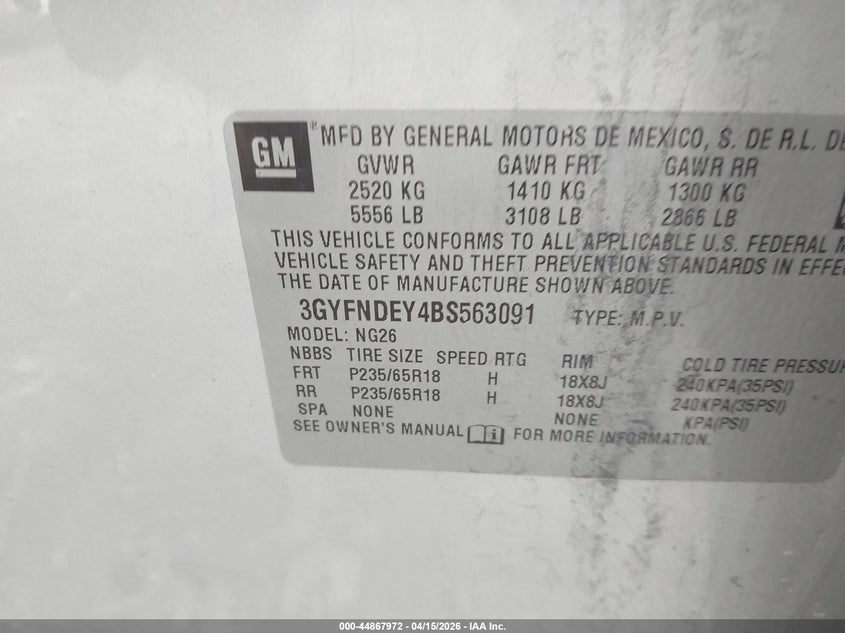 2011 Cadillac Srx Luxury Collection VIN: 3GYFNDEY4BS563091 Lot: 44867972