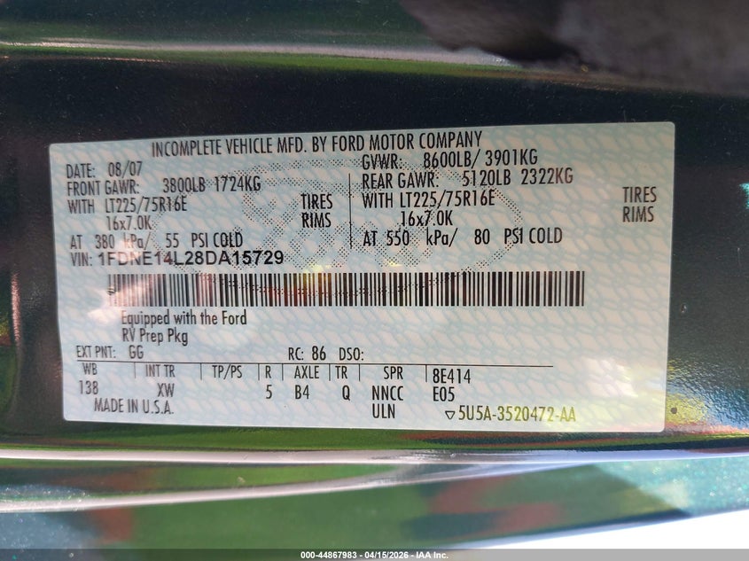 2008 Ford E-150 Recreational VIN: 1FDNE14L28DA15729 Lot: 44867983