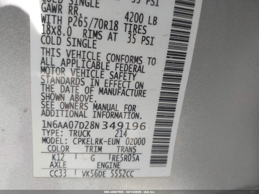 2008 Nissan Titan Se/Xe VIN: 1N6AA07D28N349196 Lot: 44867985