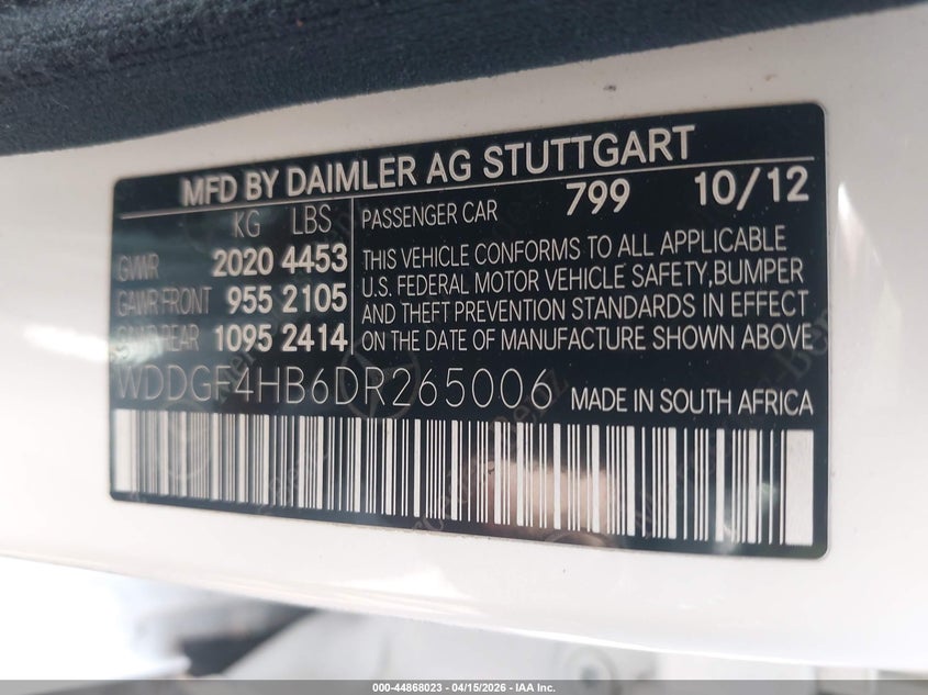 2013 Mercedes-Benz C 250 Sport VIN: WDDGF4HB6DR265006 Lot: 44868023