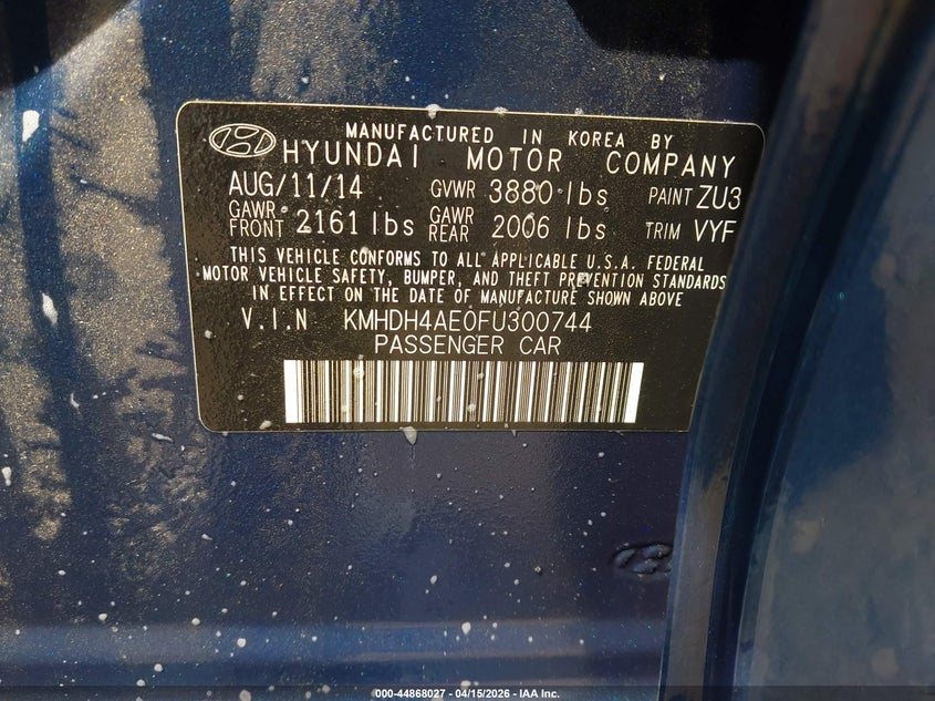 2015 Hyundai Elantra Se VIN: KMHDH4AE0FU300744 Lot: 44868027