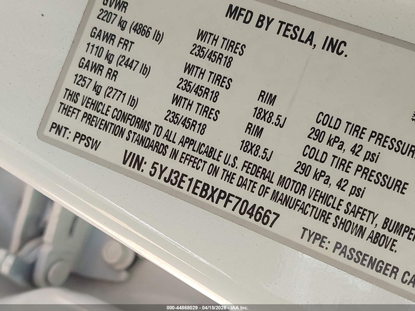 2023 Tesla Model 3 Long Range Dual Motor All-Wheel Drive VIN: 5YJ3E1EBXPF704667 Lot: 44868029