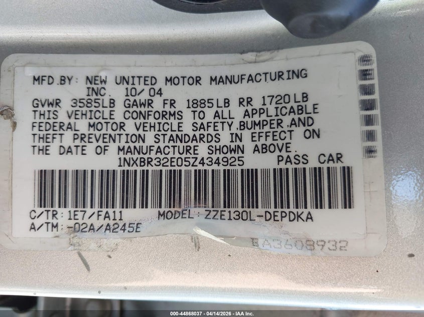 2005 Toyota Corolla Ce VIN: 1NXBR32E05Z434925 Lot: 44868037