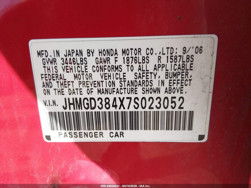 2007 Honda Fit VIN: JHMGD384X7S023052 Lot: 44868041