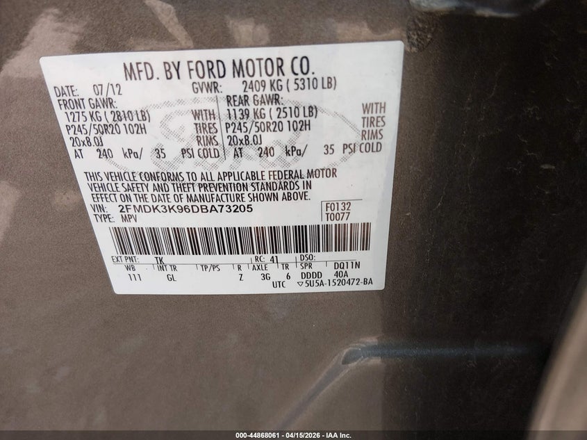 2013 Ford Edge Limited VIN: 2FMDK3K96DBA73205 Lot: 44868061