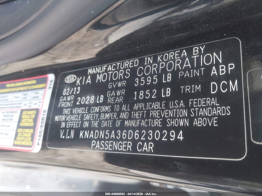 2013 Kia Rio Ex VIN: KNADN5A36D6230294 Lot: 44868062