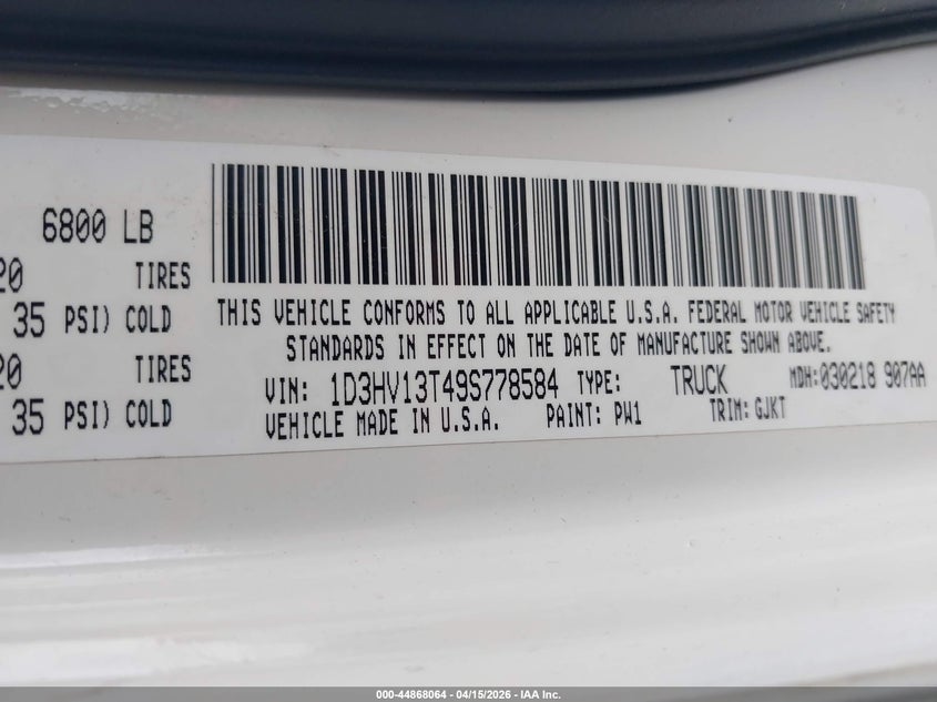 2009 Dodge Ram 1500 Laramie VIN: 1D3HV13T49S778584 Lot: 44868064