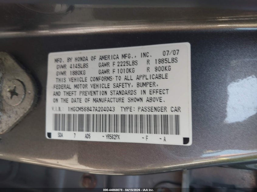 2007 Honda Accord 2.4 Ex VIN: 1HGCM56847A204043 Lot: 44868078