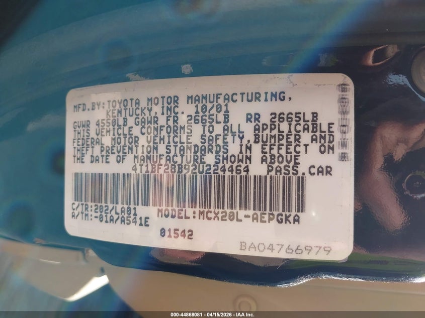 2002 Toyota Avalon Xls VIN: 4T1BF28B92U224464 Lot: 44868081